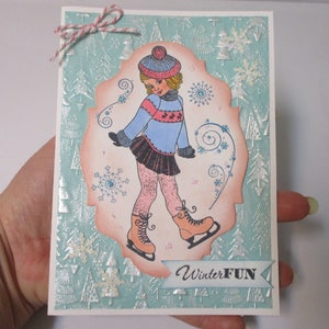 Ice Skating Girl Handmade Winter Card-Handmade Christmas Cards-Retro Christmas Cards-Winter Birthday Cards-Greeting Cards-Metallic Cards