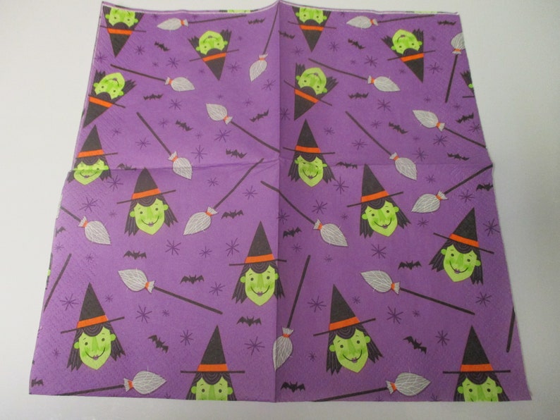 2-Witch and Witch Broom Cocktail Decoupage Napkins-Halloween Decoupage Napkins-Retro Witch Napkins image 2