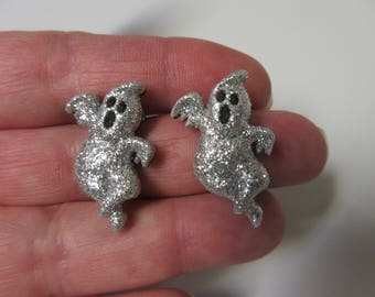 FREE SHIPPING! Silver Glitter Ghost Stud Earrings-Halloween Stud Earrings-Ghost Earrings-Halloween Earrings
