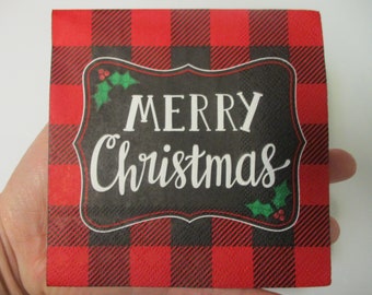 2-Merry Christmas Red and Black Buffalo Plaid Cocktail Decoupage Napkins-Christmas Decoupage Napkins-Rustic Christmas Napkins