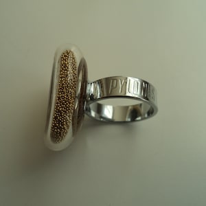 Könnte beinhalten: Ein silberner Ring mit der Gravur "PYLONES" auf der Band. Der Ring hat eine klare Glasoberfläche, die mit kleinen goldenen Perlen gefüllt ist.