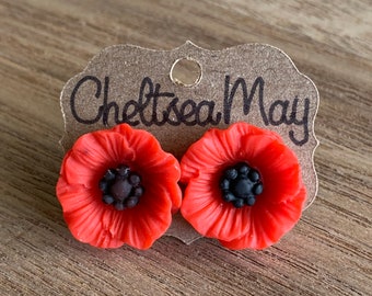 Red poppy stud earrings on stainless steel