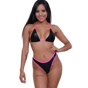 2 Piece Pink & Black Faux Leather Bikini | High Leg Design, High Hip Cut