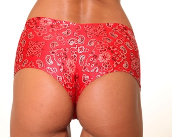 Basic Coverage Classic Red Bandana Booty Shorts | Low Rise Cheeky Mini Shorts for Beach, Festival, Pole Dance & Casual Wear