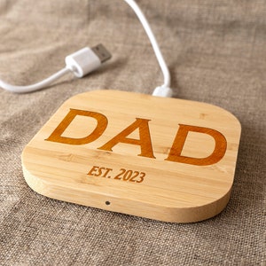 Dad Est 2023 Wireless Charger Pad Fathers Day Gift Personalized Engraved Gift for Dad Funny Dad Gifts Qi Charger Samsung iPhone compatible