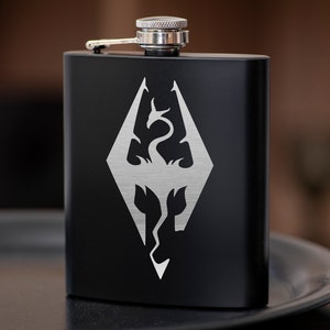 Skyrim Black Hip Flask 7oz Great Gift Idea for Gamer Dad Stainless Steel Flask / Personalized Gift for Husband / Great Gift for Birthday