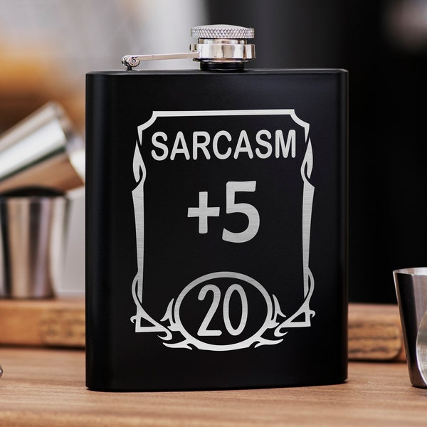 Dungeon Master Gift Sarcasm +5 / DND Stat Flask 7oz Gift for DM, Great Gift Idea for DnD Lovers Personalized Stainless Steel Flask