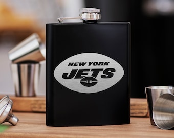 New York Jets Flask 7 Unzen Personalisiertes Geschenk für Mann Schwarzer Flachmann Tolles Geschenk für Papa / American Football Team Geschenk für Ihn