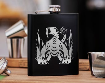 Barioth MHW Schwarzer Flachmann 7 Unzen Edelstahl / tolle Geschenkidee für Gamer Papa, besten Freund, personalisiertes Gamer Geschenk für Ehemann