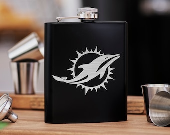 Miami Dolphins Flask 7oz Personalized Gift for Husband Black Hip Flask Great Gift for Dad / American Football Team Gift for Him