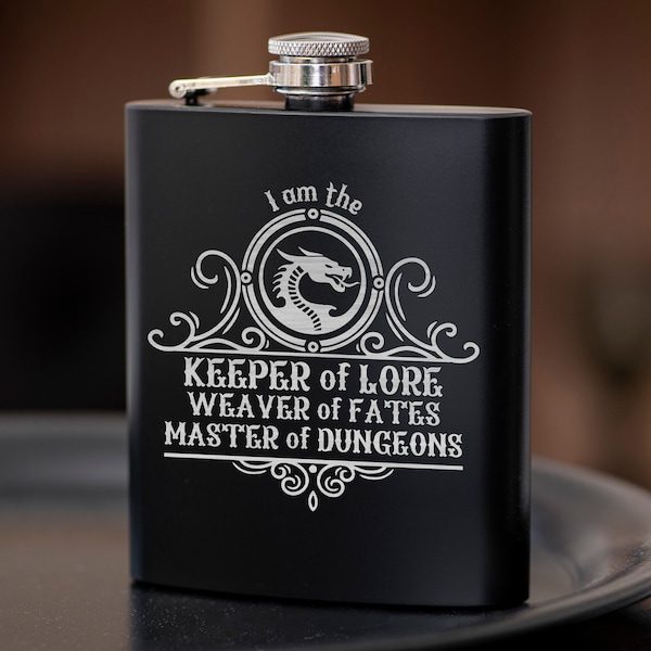 Dungeon Master Gift Flask 7oz / Keeper of Lore, Master of Dungeons, Weaver of Fates Great Gift for DM, Gift DnD Lovers Stainless Steel Flask