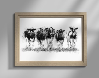 Young cows sketch | Limited edition fine art print from original drawing. Free shipping.