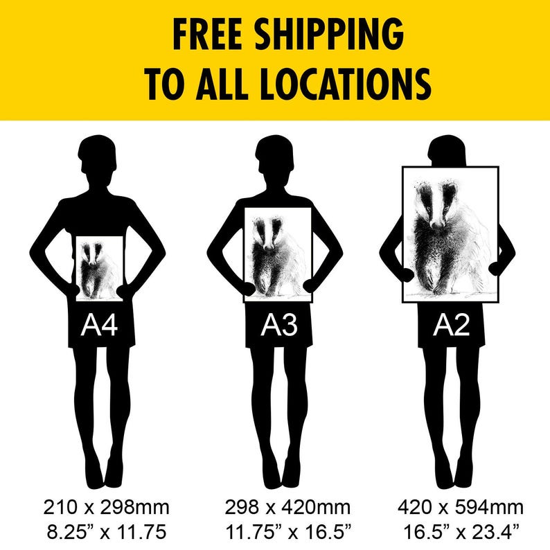 K&ouml;nnte beinhalten: Schwarz-Wei&szlig;-Kunstdrucke von Dachsen in den Gr&ouml;&szlig;en A4 (210 x 298mm), A3 (298 x 420mm) und A2 (420 x 594mm). Die Drucke werden von Silhouetten pr&auml;sentiert. Der Text "FREE SHIPPING TO ALL LOCATIONS" steht oben.