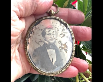 Antique Daguerreotype Photo Locket of Young Man with Hairwork American circa 1845
