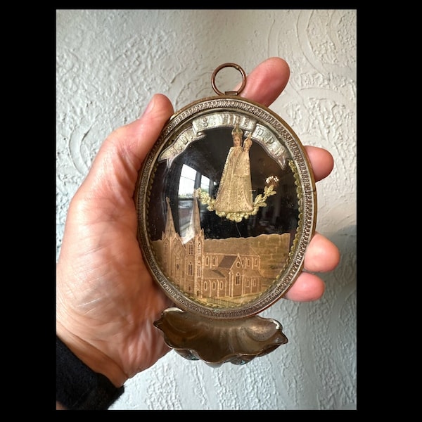 Antique French Copper Catholic Holy Water Font Stoup Bénetier with Virgin and Child and Church Notre Dame in Vire, mid-19th century