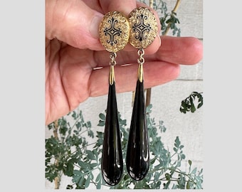Victorian Mourning Earrings, Gold Taille d’Epargné & Onyx Dangle, 1860s