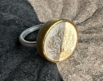 Handgemachter Sterling und 22k Gold Ring mit Antiker georgianischer Haararbeit Baum des Lebens Trauerminiatur