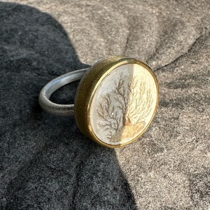 Handmade Sterling and 22k Gold Ring with Antique Georgian Hairwork Tree of Life Mourning Miniature