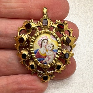 REDUCED! Antique Devotional Pendant Virgin and Child Baroque Catalan 18th Century Gold and Table Cut Garnet c.1700-1725