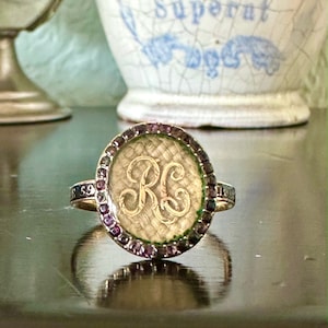 Antique Georgian Gold Amethyst Mourning Ring, Woven Hair (1774), Size 10.5