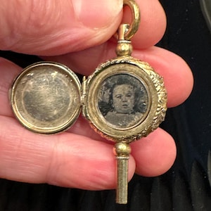 Antique 19th c. Watch Key Winder with Gem Tintype Photo 2 Locket Compartments Very Rare