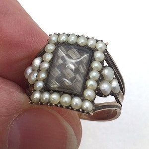 Antique English Georgian Gold Mourning Memorial Ring with Hair & Natural Pearls Engraved Monogram to Reverse