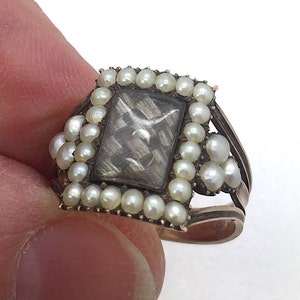 25% OFF!! Antique English Georgian Gold Mourning Memorial Ring with Hair & Natural Pearls Engraved Monogram to Reverse