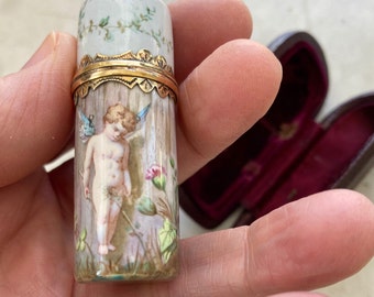 Antique French Enameled Perfume Scent Bottle Cherub in a Garden Original Case c. 1850