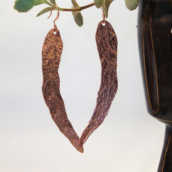Pure Copper Willow Leaf Earrings, Handcrafted, Unique Texture, Nature Inspired