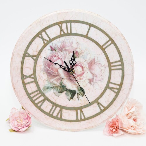 White Shabby Chic Wooden Roses Wall Clock Etsy