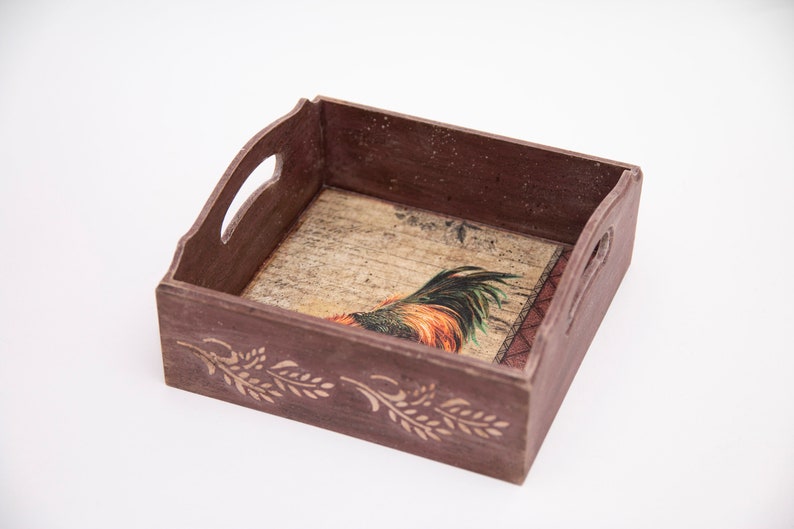Small Wooden Serving Tray With Handles Rooster Rustic Chic Etsy