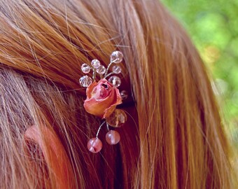 Elegante echte roze haarspeld, bruiloft roze speld haar accessoire, bruid pin rose bruids haar stuk, kristal pin hoofd stuk voor bruiloft, voor partij