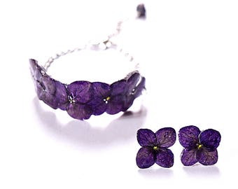 Echte bloem Paarse armband, Shabby chic sieraden Uniek geschenk violette bloem bangle, Set oorbellen paarse geschenk sieraden set bloem sieraden cadeau