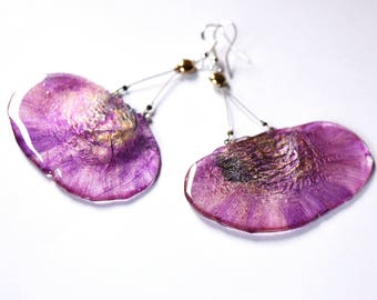 Real Purple flower dangle Big jewelry gift, Large earrings, Bold Statement dangle, Bohemian earrings for her, purple floral art woman gift