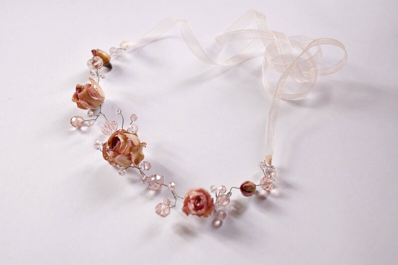 Real Rose Crown Wedding Hair Piece Pink Bridal Hair Vine Etsy