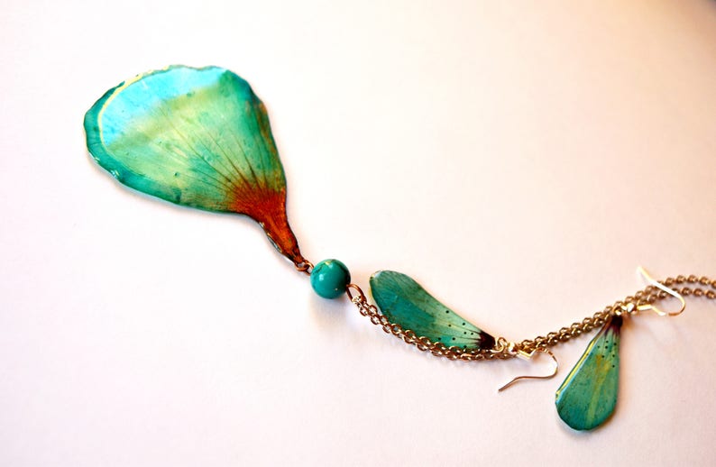 resin set jewelry gift teal flower pendant water jewelry set gift real hibiscus flower set in resin Natural set for her unique set