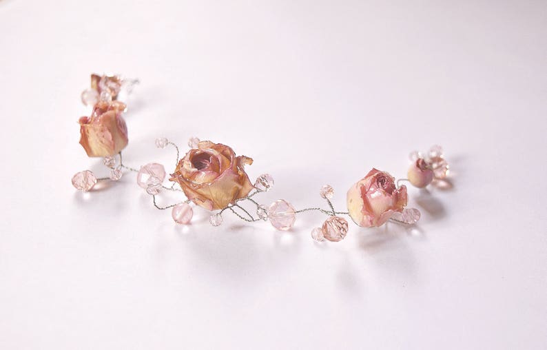 Real Rose Crown Wedding Hair Piece Pink Bridal Hair Vine Etsy