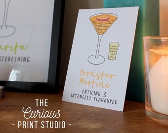 Pornstar Martini Cocktail Print, Cocktail Recipe Print, A6 A5 A4 A3 A2, Illustrated Ingredients Print, Kitchen Decor, Passionfruit Martini