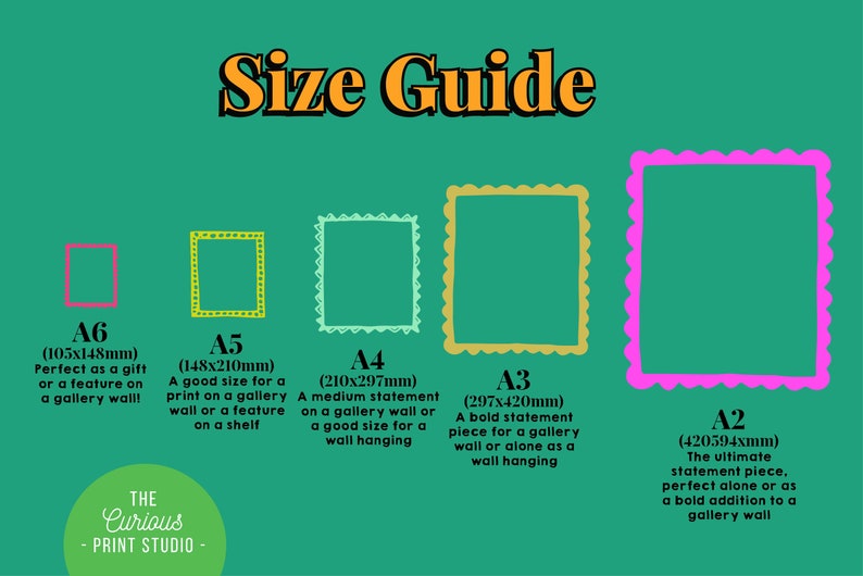 May include: A size guide for prints, showing different sizes from A6 (105x148mm) to A2 (420x594mm). The guide includes descriptions of each size, such as "Perfect as a gift or a feature on a gallery wall" for A6 and "The ultimate statement piece, perfect alone or as a bold addition to a gallery wall" for A2.