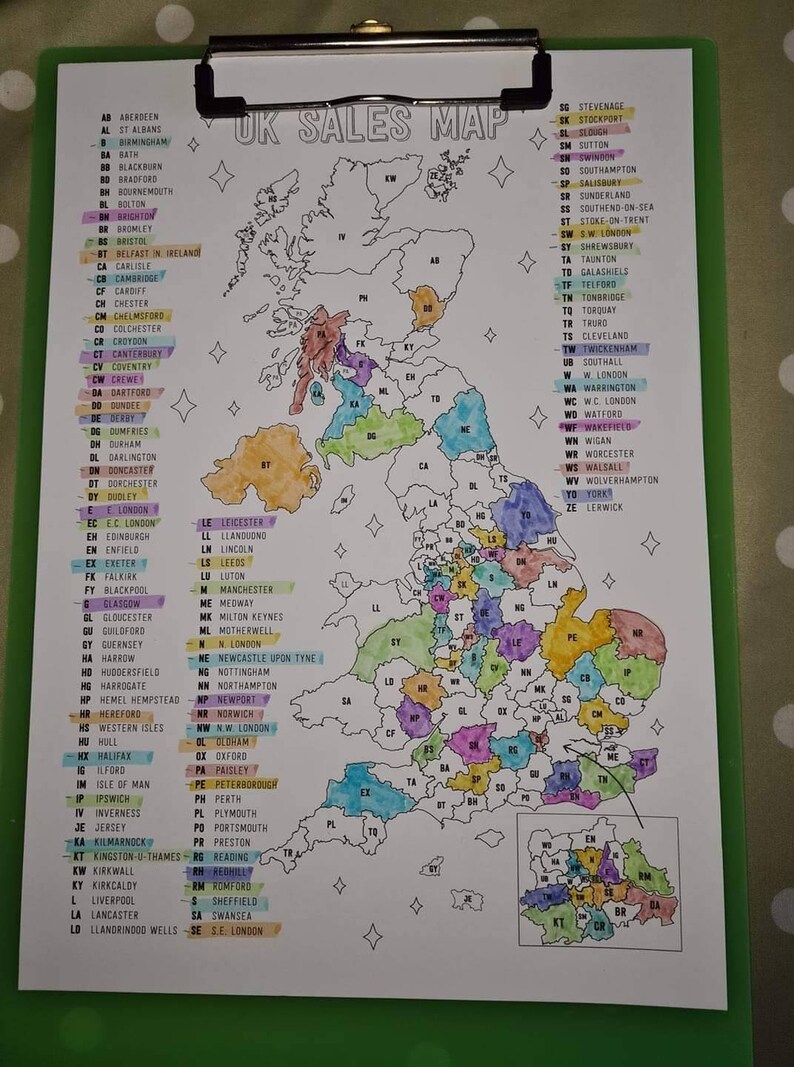 May include: A colorful map of the United Kingdom with each region labeled with its abbreviation and city name. The map is printed on white paper and has a light watercolor effect.