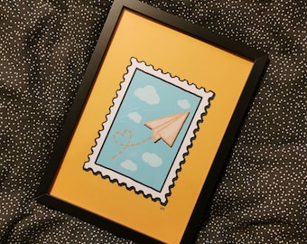 Stampa di francobolli di carta, Arte illustrata a mano, Arte della senape, Arte della parete unica, Stampa carina, Stampa digitale, Illustrazione, Studio di stampa curioso