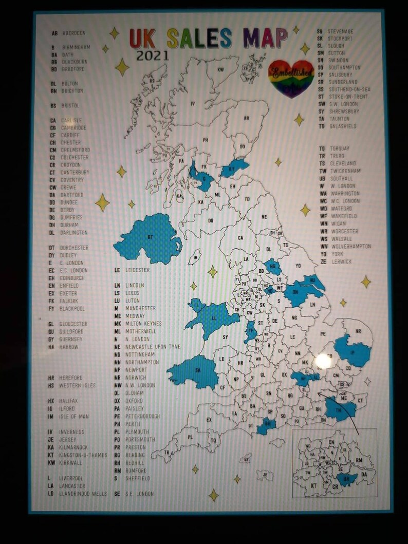 May include: A map of the United Kingdom with blue and white regions, labeled with city and town names. The map shows sales regions for the year 2021. The map is titled "UK Sales Map 2021".