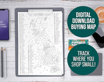 May include: A printable UK map with a list of cities and towns. The map is on a clipboard with a black and white design. The text "DIGITAL DOWNLOAD BUYING MAP" is on a green circle. The text "TRACK WHERE YOU SHOP SMALL!" is on a green circle. The text "HAPPINESS BLOCK" is on a colorful card.