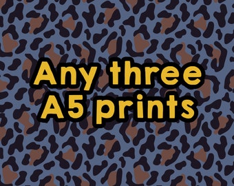 Tre stampe A5 qualsiasi, pacchetto di stampa per la decorazione della casa, stampa brillante e vibrante, stampa 148 x 210 mm, selezione di stampe, studio di stampa curioso Regno Unito
