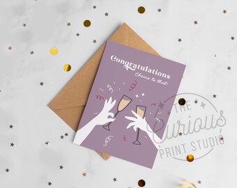 Hand Drawn Congratulations Card, Cute Congrats Birthday Cards, Champagne Prosecco Toast Card, Curious Print Studio UK