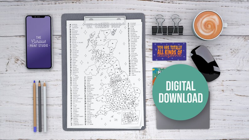 May include: A black and white printable map of the United Kingdom with the names of each region listed on the left side. The map is on a clipboard with a digital download label on a green circle.