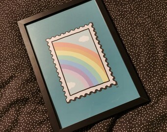 Stampa francobollo arcobaleno, Arte illustrata a mano, Arte blu acqua, Arte murale unica, Stampa artistica carina, Stampa digitale, Illustrazione, Studio di stampa curioso