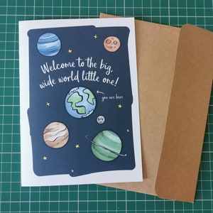 Welkom op de wereld, Little One Card, New Arrival Card, New Born Card, Baby Card, Nieuwe Baby, Ruimte, Planeten, Sterren, Curious Print Studio