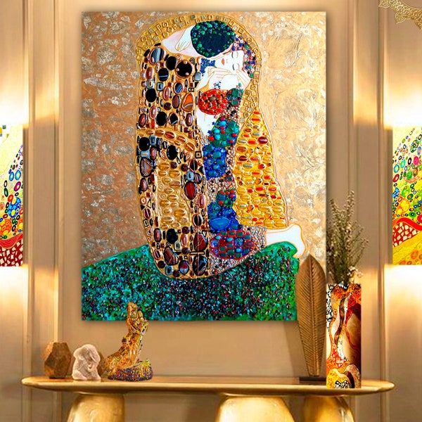 Kuss Gustav Klimt Edelsteine Mosaik Jugendstil Wandkunst Paar Porträt Original Hochzeitsgeschenk für Paar einzigartig personalisiertes Hochzeitsgeschenk