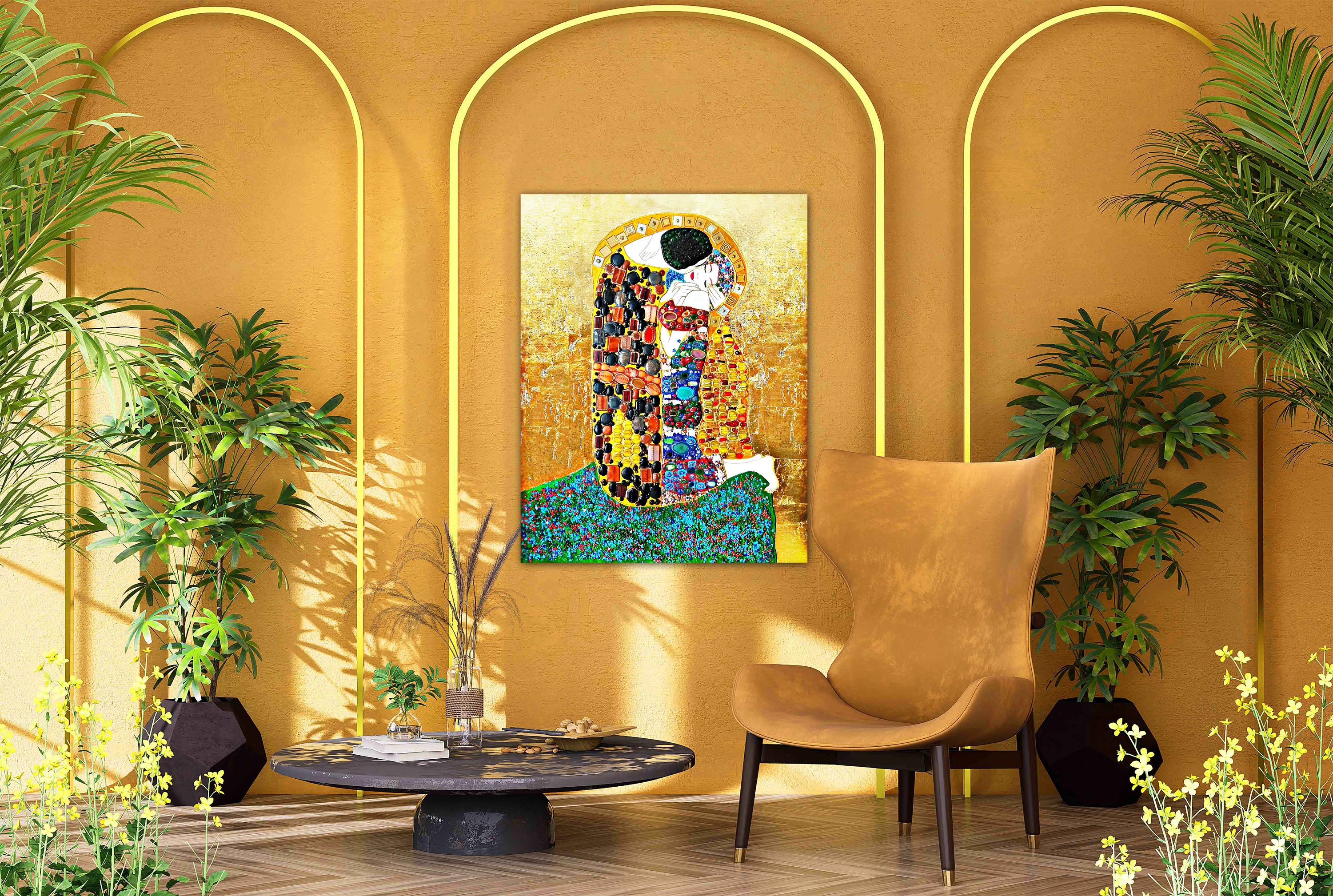Kiss at starry night - pop art painting on large canvas, kissing couple,  inspired by Gustave Klimt Golden kiss , Luis Vuitton Channel, wall art,  decor, gift Painting by Tatsiana Yelistratava